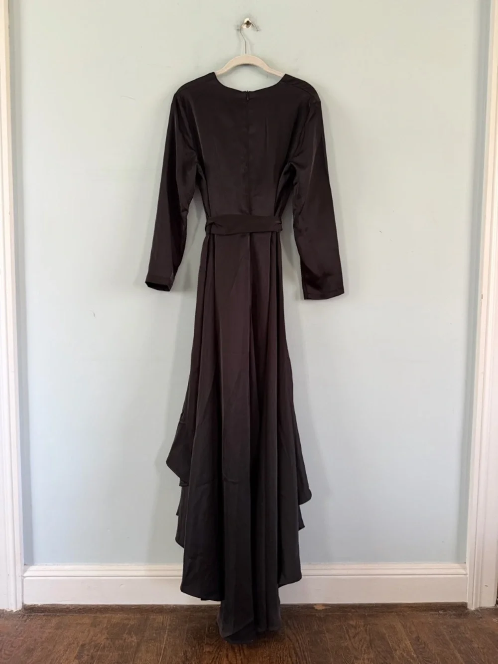NWT Mooyius Ruffle Draped Satin Black High Low Formal Maxi Dress - Picture 4 of 6